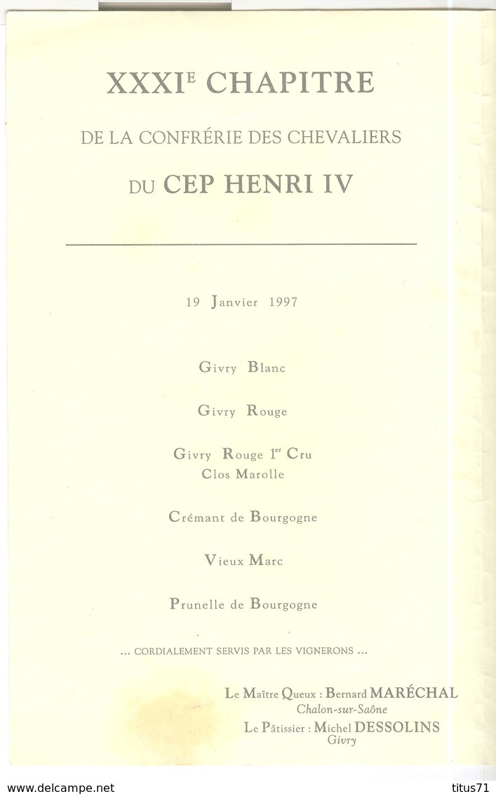Menu Givry - Confrérie Des Chevaliers Du Cep Henri IV - 31ème Chapitre - St Vincent 19 Janvier 1997 - Menus