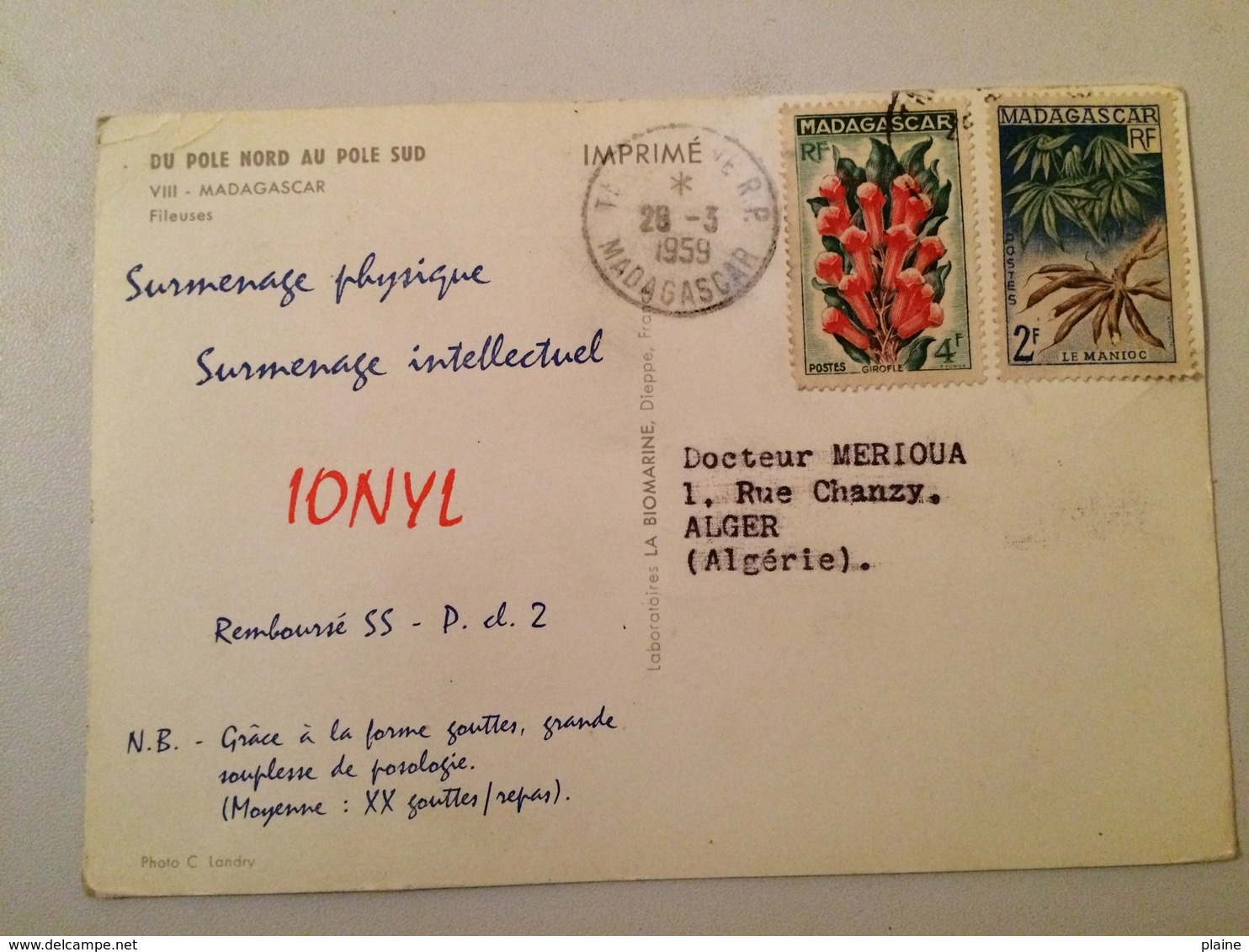 CARTE POSTALE MADAGASCAR -PUBLICITE IONYL- TIMBRES GIROFLE ET MANIOC-1959 - Madagaskar (1960-...)