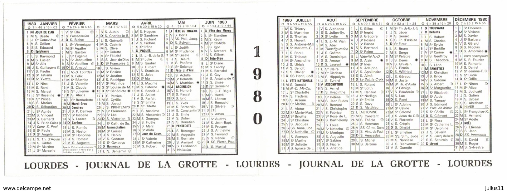 LOURDES JOURNAL DE LA GROTTE CALENDRIER ALMANACH RELIGIEUX 1980 IMAGE PIEUSE RELIGIEUSE HOLY CARD SANTINI HEILIG PRENTJE - Petit Format : 1971-80