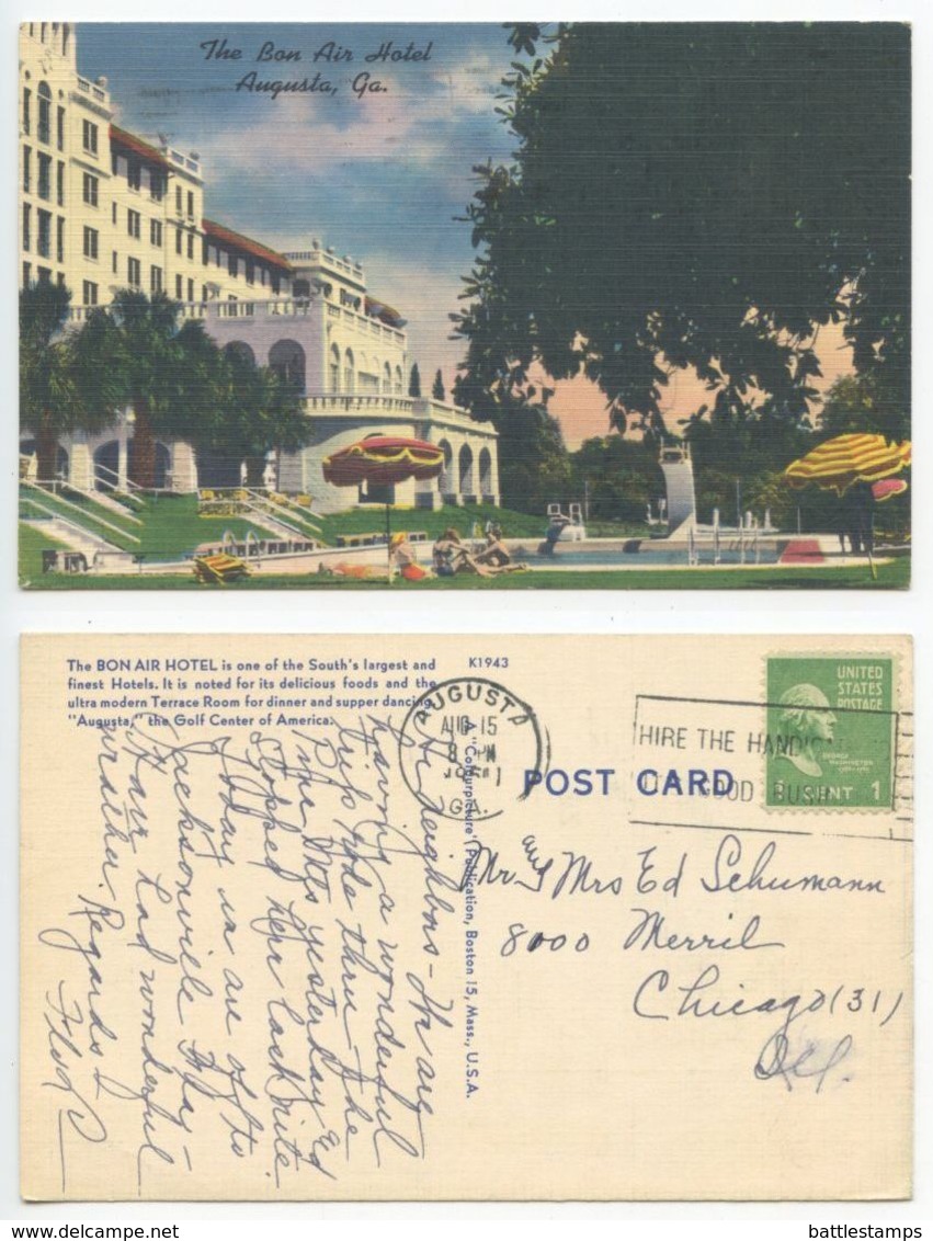 United States 1951 Bon Air Hotel Augusta Georgia Postcard To Chicago IL - Augusta