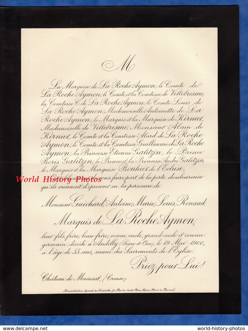 Document De 1900 - Château De MAINSAT (Creuse) / ANDILLY - Guichard Antoine Marie Louis Renaud Marquis De LA ROCHE AYMON - Documents Historiques