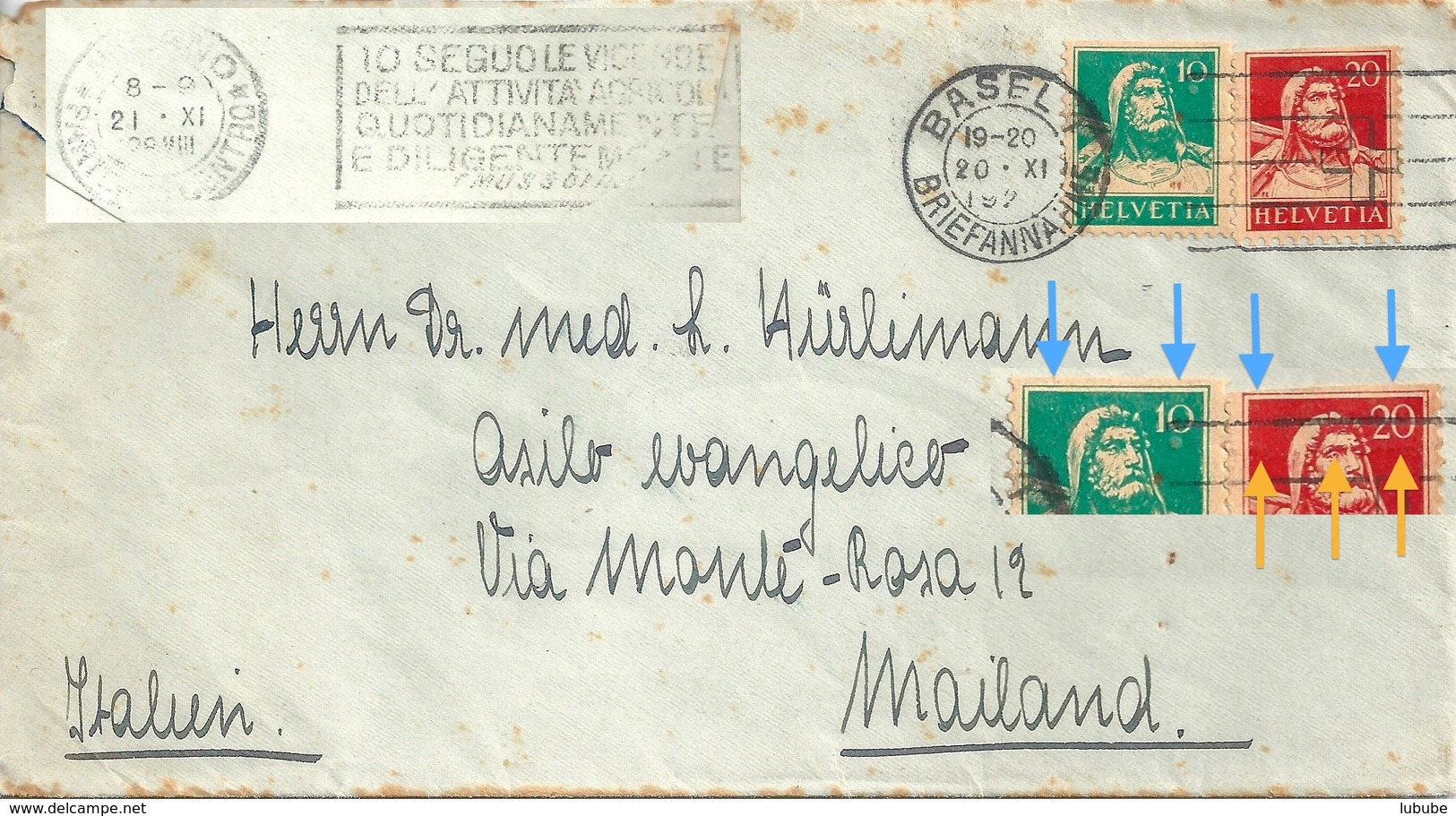 Ausland Brief  Basel - Milano  (Rollenmarken/Klebestelle)           1928 - Coil Stamps