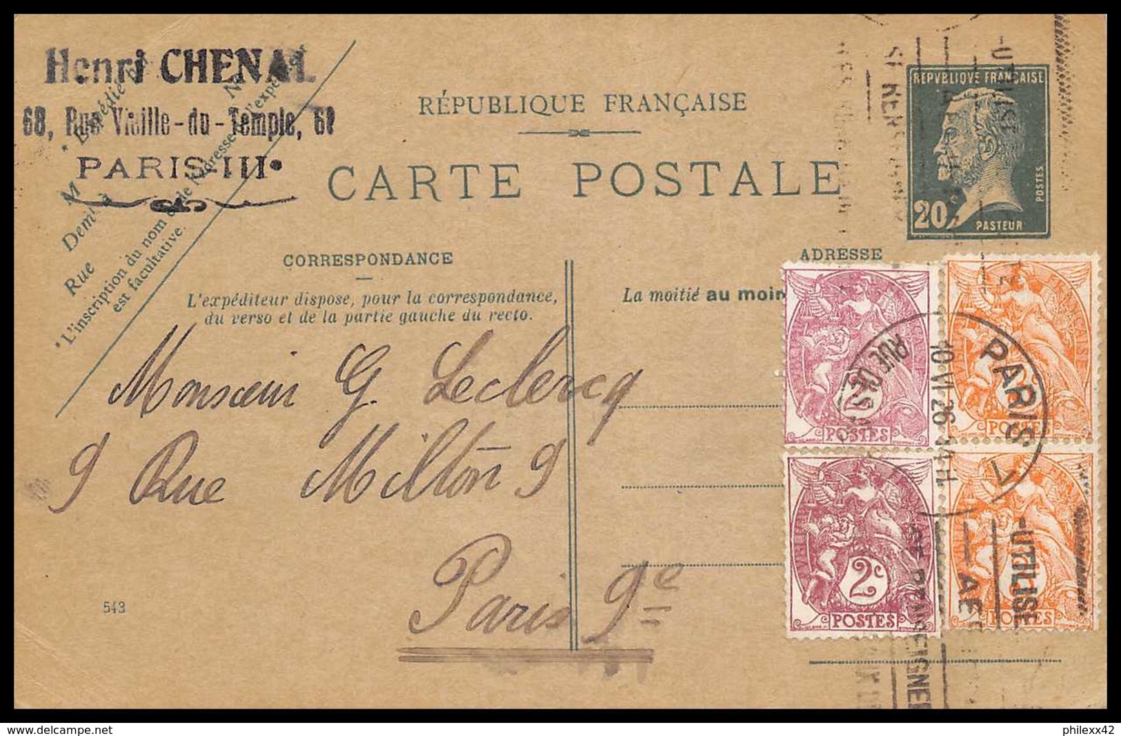 4719 30c Vert Pasteur Complement Affranchissement Composé Type Blanc 1926 Carte Postale France Entier Postal Stationery - Standard Postcards & Stamped On Demand (before 1995)