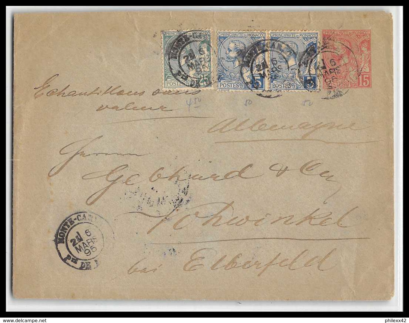 4760 Albert 1er 15c Complement Affranchissement Composé 1895 Vohwinkel (germany) Enveloppe Monaco Entier Stationery - Enteros  Postales