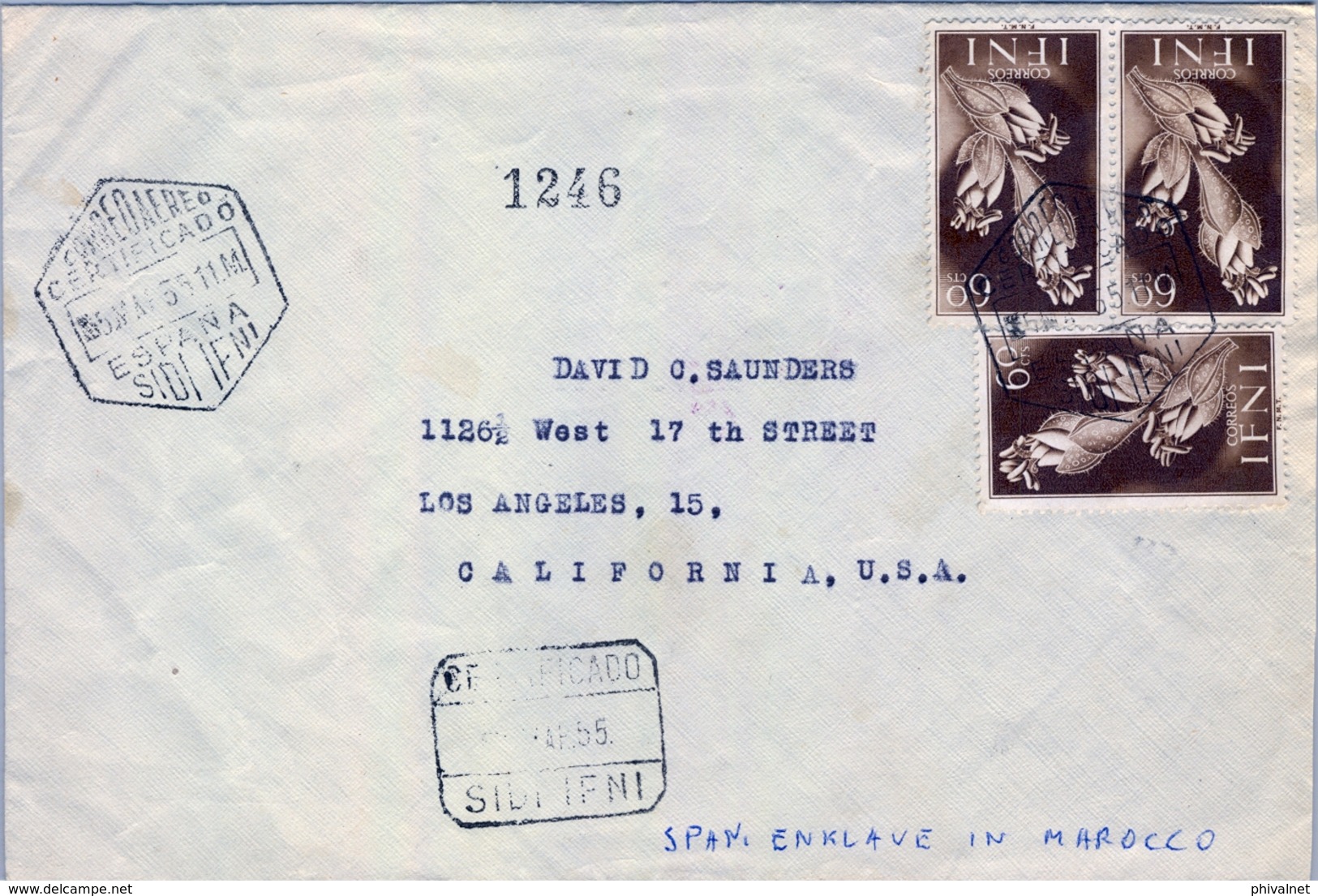 1955 , IFNI , CERTIFICADO CORREO AÉREO,  SIDI IFNI - CALIFORNIA , ED. 108 X 3 , LLEGADA AL DORSO - Ifni