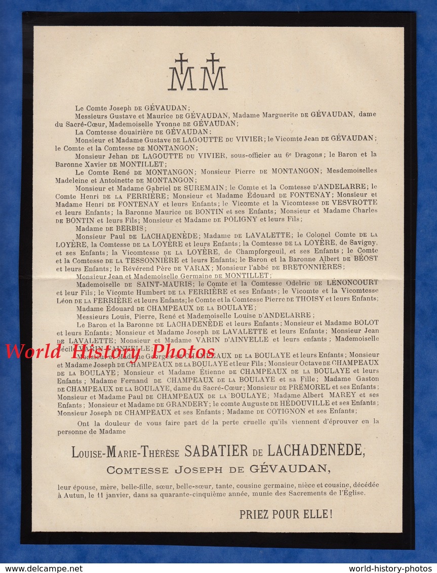 Document Ancien - AUTUN - Louise Marie Thérèse SABATIER De LACHADENEDE Comtesse Joseph De GEVAUDAN - Historical Documents