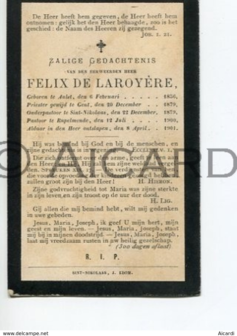Doodsprentje Priester/Prêtre Felix De Laroyère °1856 Aalst †1901 Rupelmonde /Gent/Sint-Niklaas Stichter Vrouwenbond(B38) - Décès
