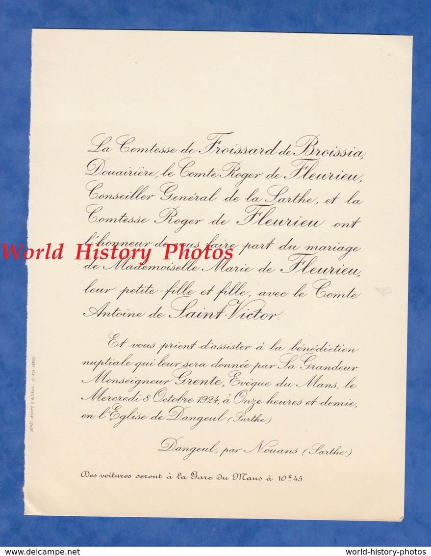 Document De 1924 - DANGEUL Par NOUANS (Sarthe) - Mariage Du Comte Antoine De SAINT VICTOR Et Marie De FLEURIEU - Mariage