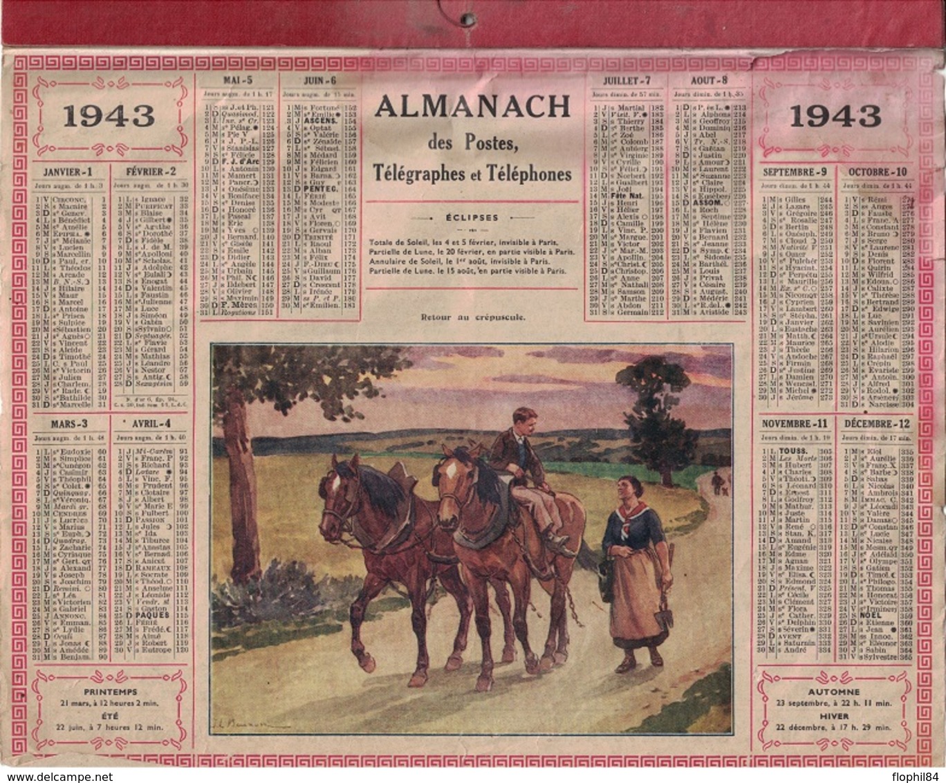 ALMANACH DES POSTES 1943 - COMPLET FORMAT LIVRET NON CARTONNE - RETOUR AU CREPUSCULE - DECHIRURE AU DROITE. - Grand Format : 1941-60