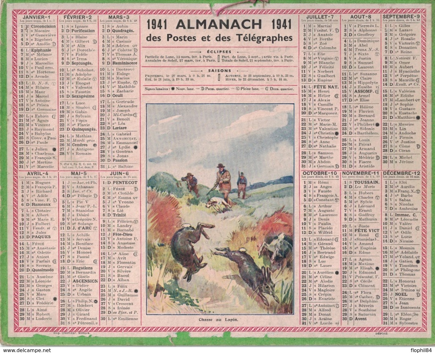 ALMANACH DES POSTES 1941 - COMPLET FORMAT LIVRET CARTONNE - CHASSE AUX LAPINS - DEPARTEMENT DE LA SARTHE - MANQUE UN PE. - Grand Format : 1941-60