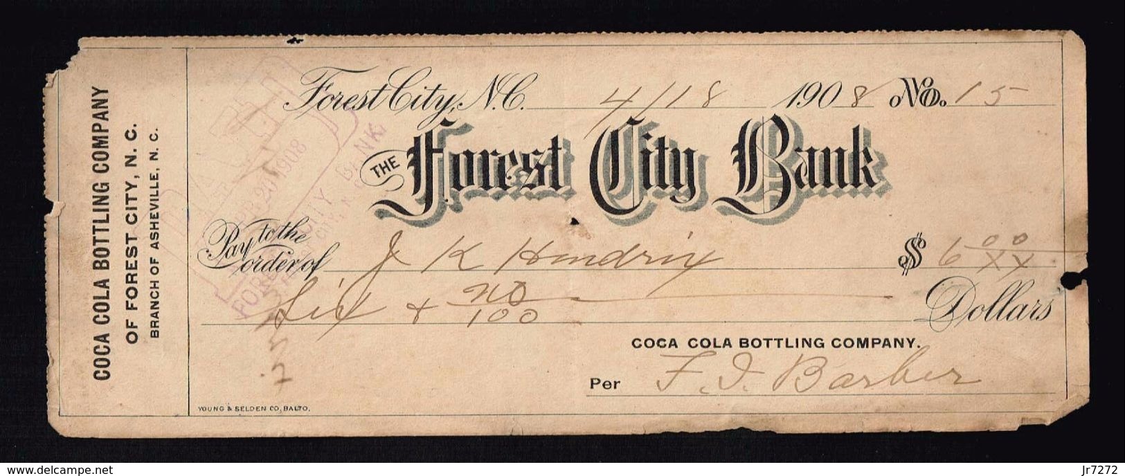 Collectible Old Check Cheque 4,18, 1908.  Coca-Cola Bottling Company Of Forest City, N.C. - Autres & Non Classés