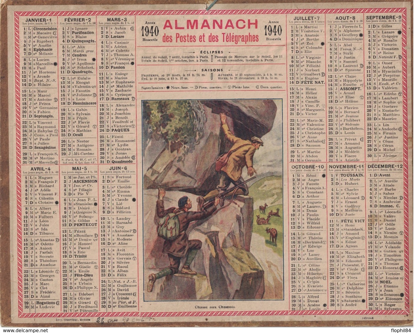 ALMANACH DES POSTES 1940 - FORMAT LIVRET CARTONNE SIMPLE - VERSO TABLEAU DES LEVERS DE SOLEIL - CHASSE AUX CHAMOIS - Grand Format : 1941-60