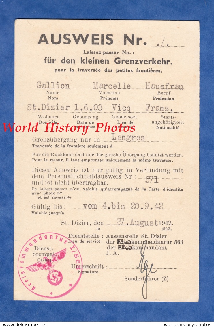 Document Ancien - AUSWEIS - SAINT DIZIER / VICQ ( Haute Marne ) - 1942 Cachet Kreiskommandantur - WW2 Occupation - 1939-45