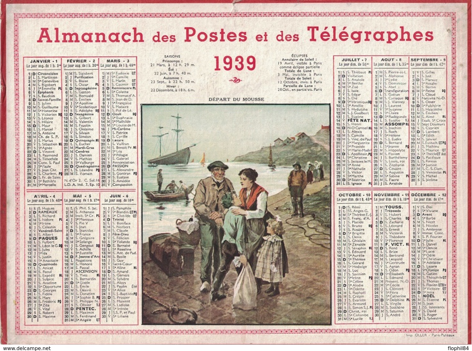 ALMANACH DES POSTES 1939 - FORMAT LIVRET CARTONNE SIMPLE- INCOMPLET - VERSO LEVERS DU SOLEIL. - Grand Format : 1941-60