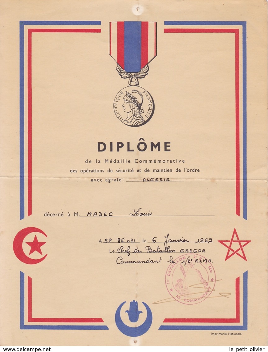 DIPLOME DE LA MEDAILLE COMMEMORATIVE MAINTIEN DE L ORDRE 1959 AGRAFE ALGERIE - Dokumente