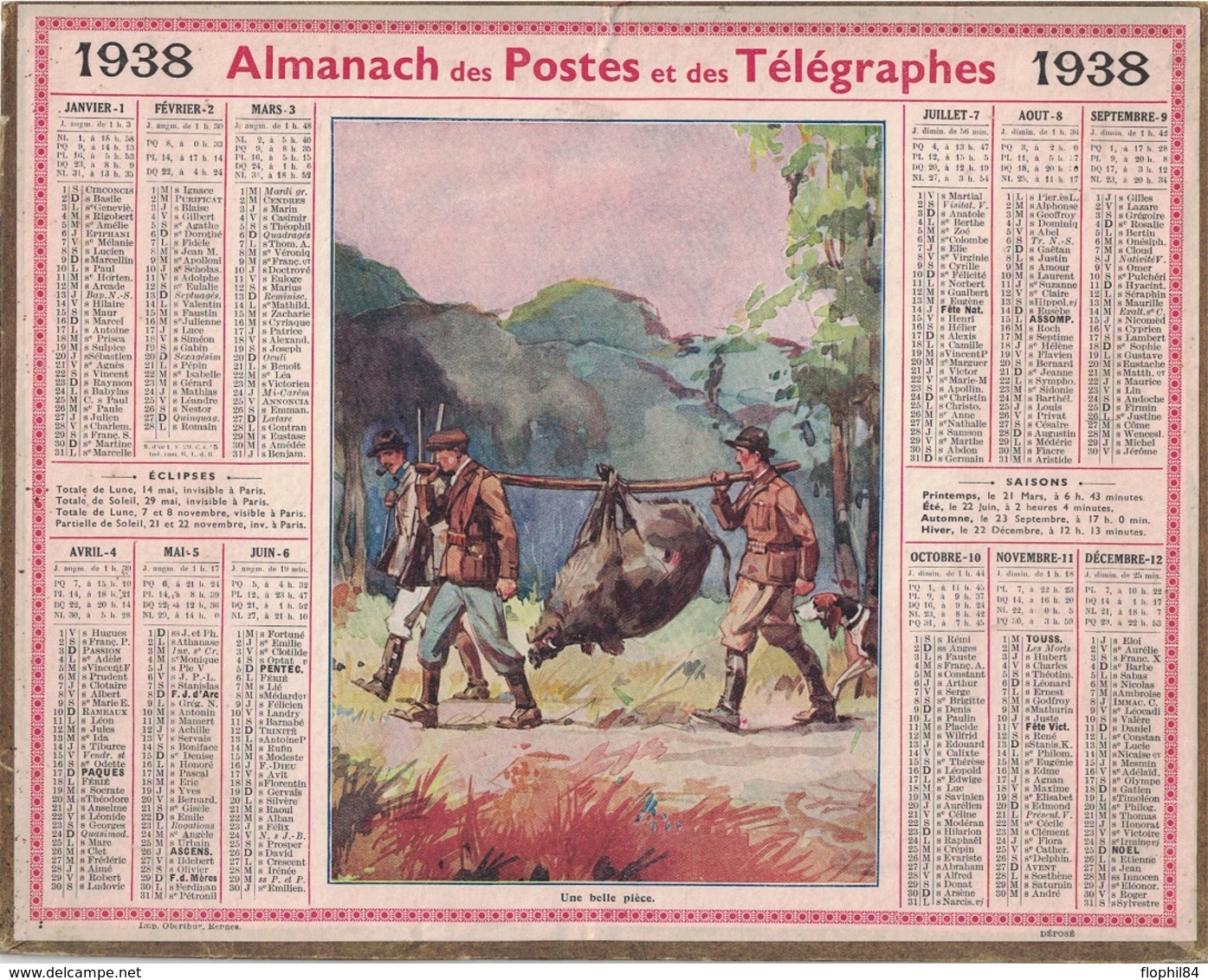 ALMANACH DES POSTES 1938 - FORMAT LIVRET CARTONNE SIMPLE- INCOMPLET - VERSO LEVERS DE SOLEIL. - Big : 1941-60