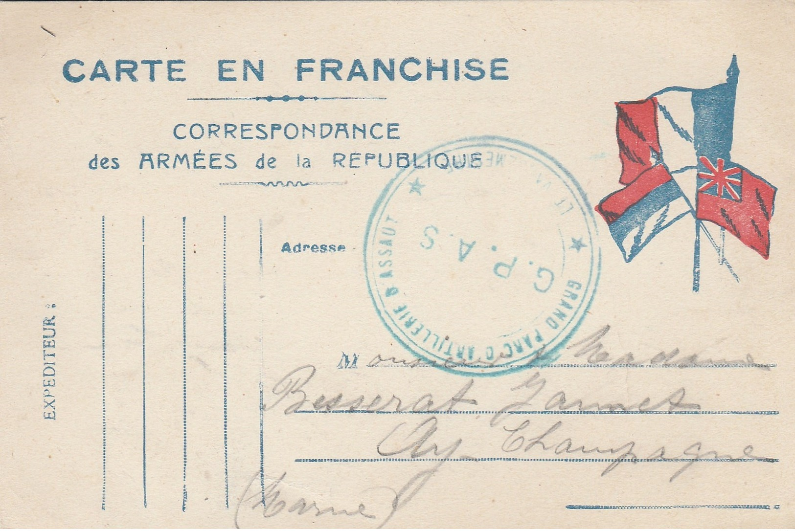Correspondance Des Armées De La République - 1918 - Cachet Bleu G.P.A.S. Et Au Dos Cachet AY (Marne) - Covers & Documents