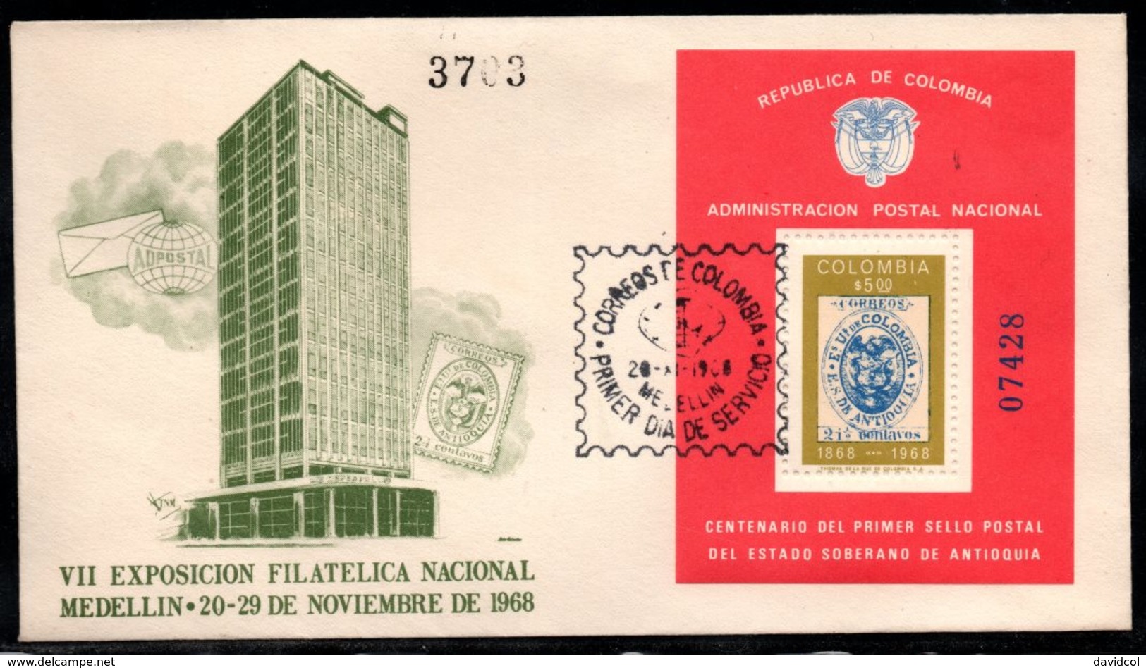 COLOMBIA- KOLUMBIEN - 1968  FDC/SPD.  S/S - VII NATIONAL PHILATELIC EXPOSITION - Colombia