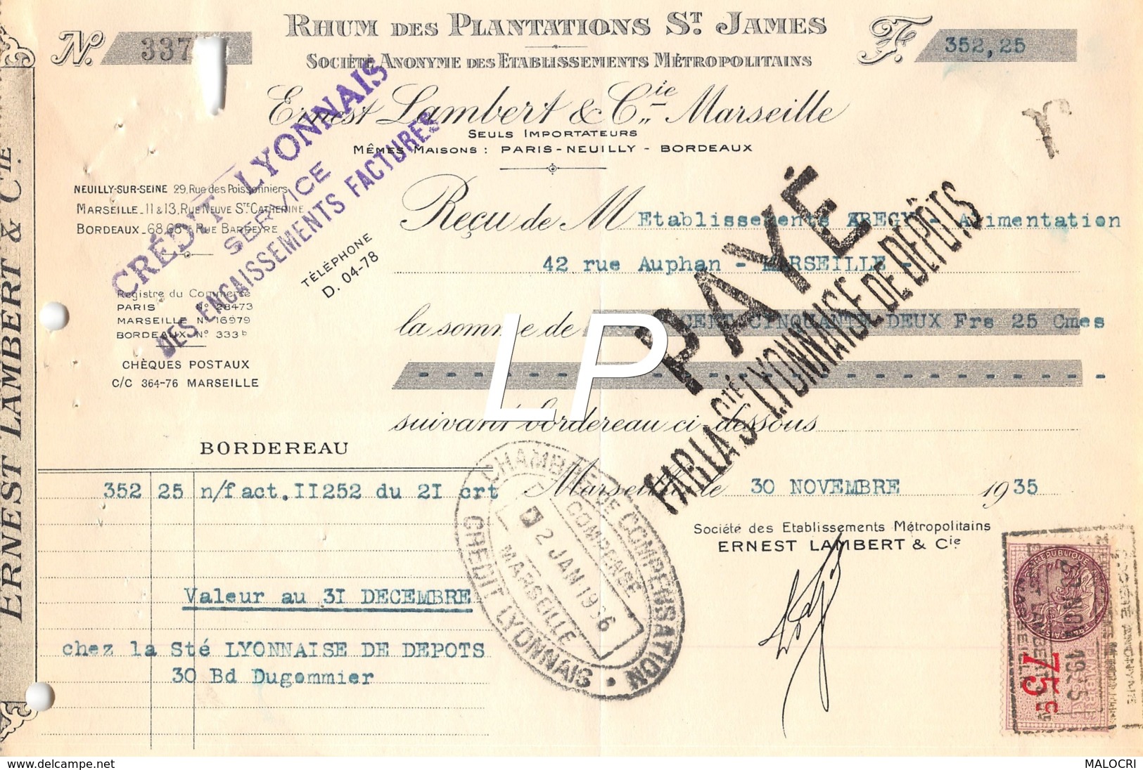 27-1268    1935 RHUM DES PLANTATIONS SAINT JAMES ERNEST LAMBERT A MARSEILLE - ETS ABEGY A MARSEILLE - Lettres De Change