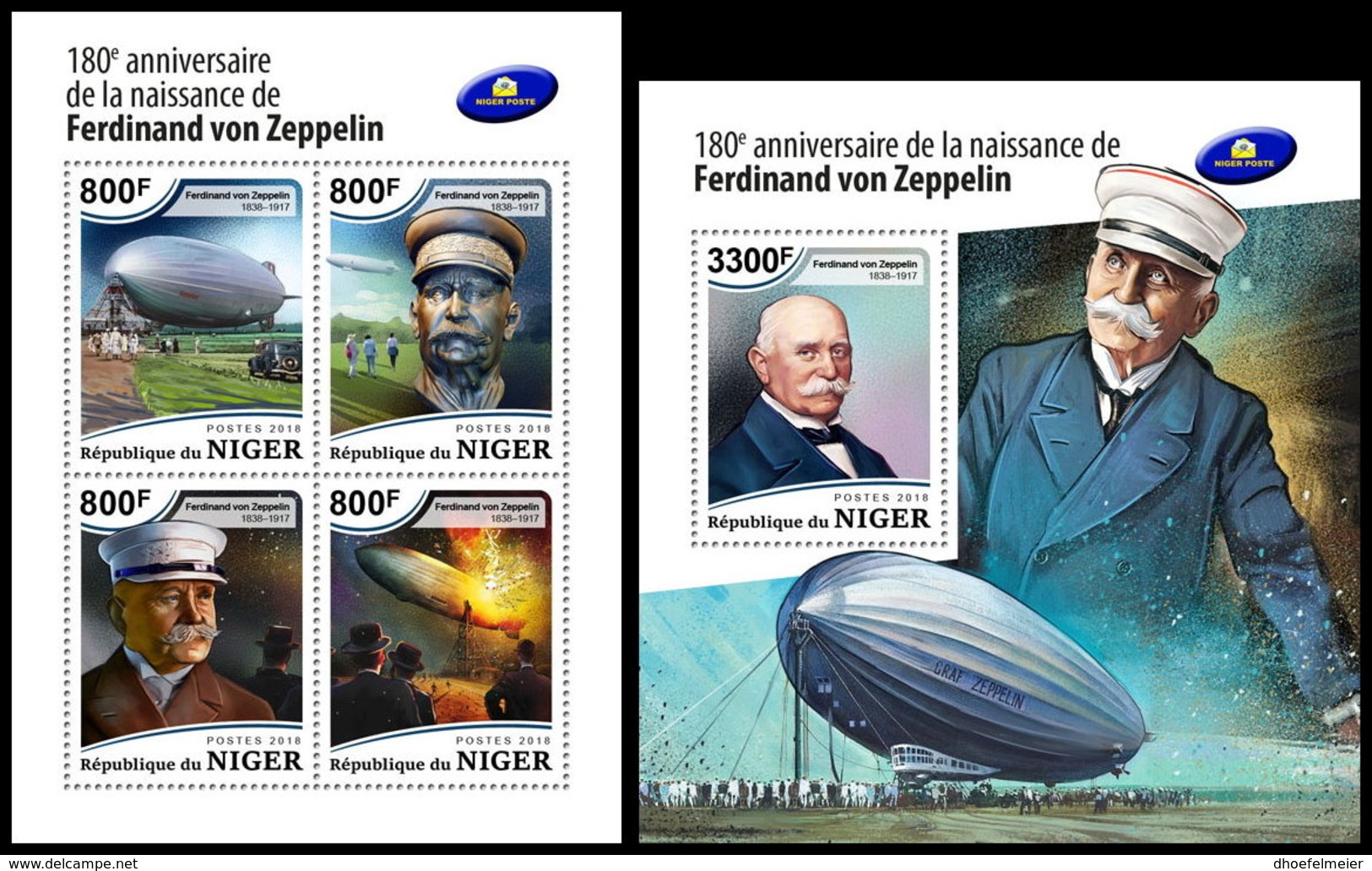 NIGER 2018 **MNH Ferdinand Von Zeppelin Airship M/S+S/S - OFFICIAL ISSUE - DH1851 - Zeppelins