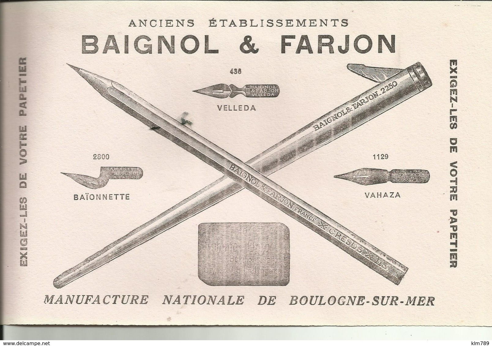 62 - Pas De Calais - Boulogne Sur Mer - Buvard Baignol & Farjon - Plumes - Crayons - Réf.30. - Papeterie