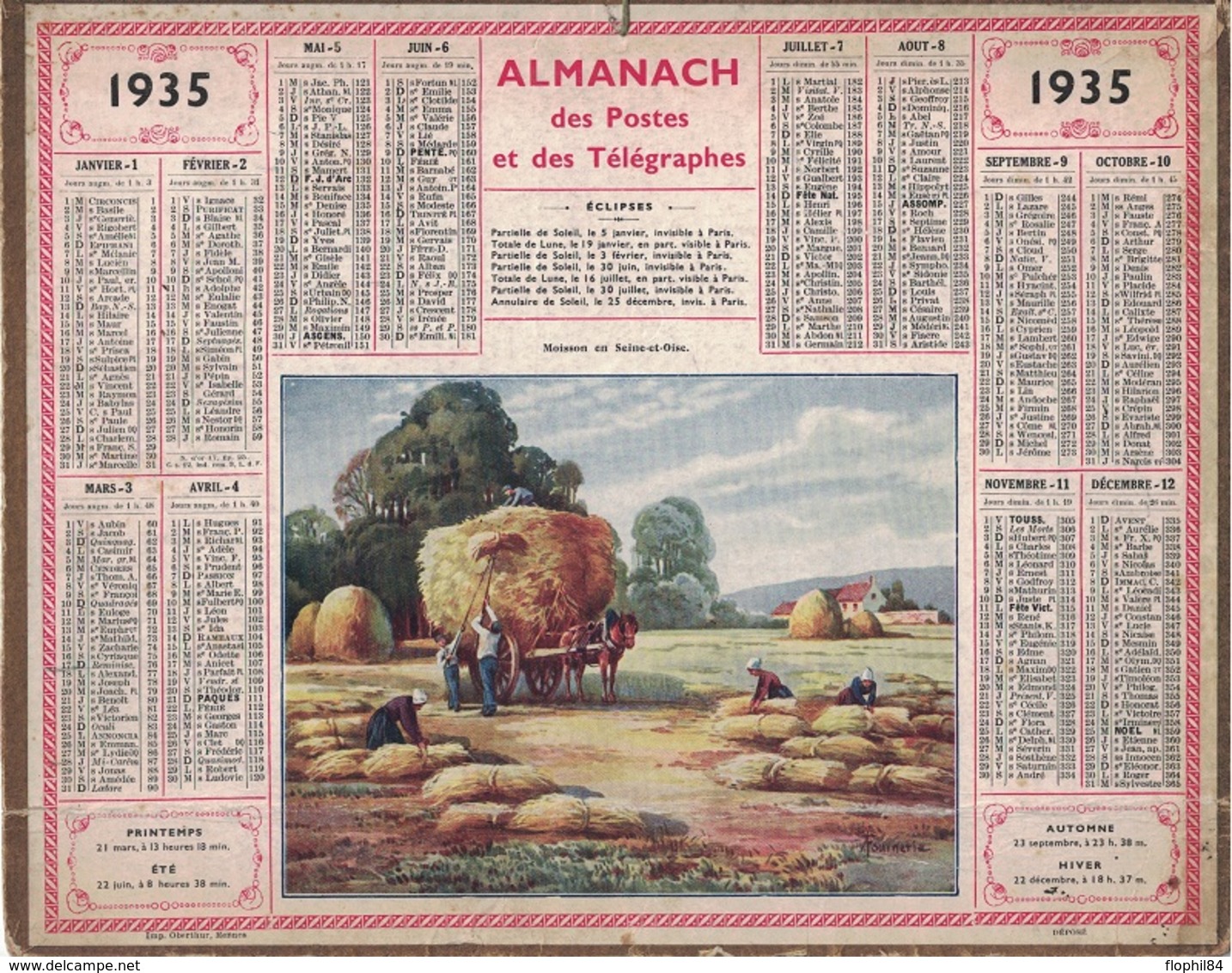 ALMANACH DES POSTES 1935 - FORMAT LIVRET CARTONNE SIMPLE- INCOMPLET COMPLET - PLI HORIZONTAL. - Grand Format : 1941-60