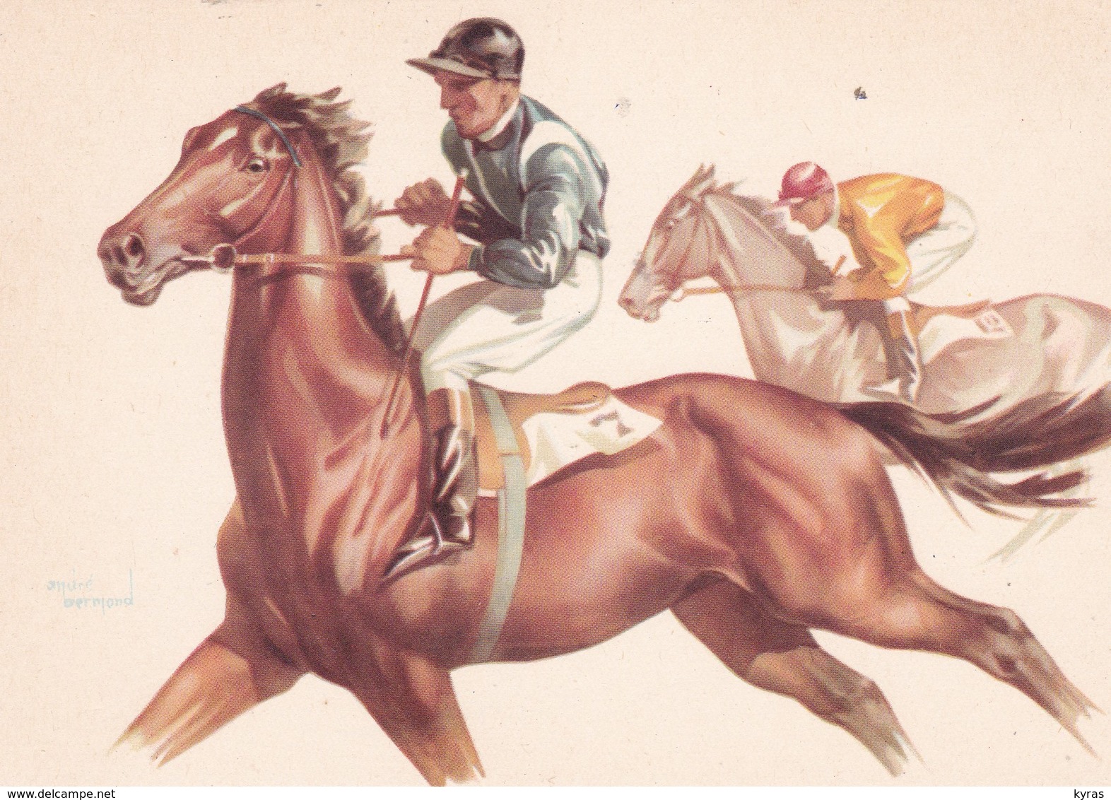 CPSM 10X15. Illust André BERMOND . HIPPISME   2 Jockeys Sur Chevaux - Bermond