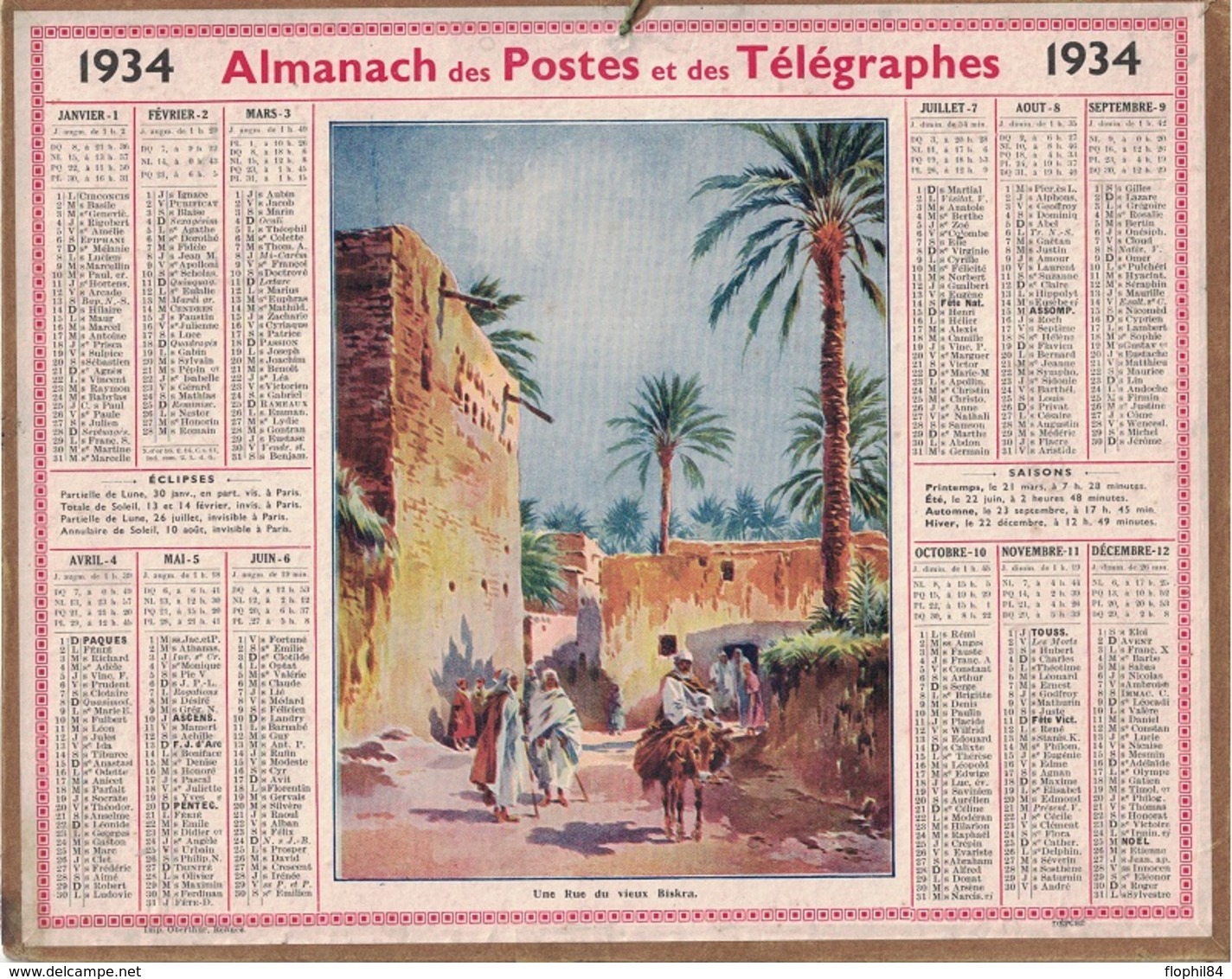 ALMANACH DES POSTES 1934 - FORMAT LIVRET CARTONNE SIMPLE- INCOMPLET VERSO JUSTE LES MAREES- DEPARTEMENT LOIRE INFERIEURE - Grand Format : 1941-60