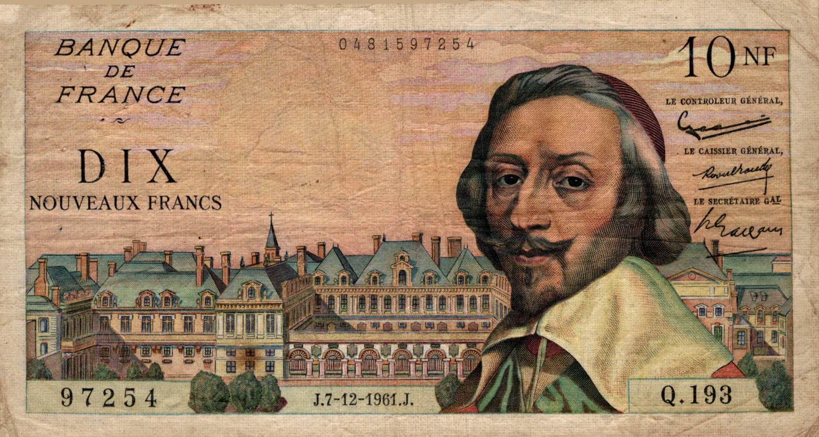 9829  -2018   BILLET FRANCAIS 10NF RICHELIEU   7-12-1961 - 10 NF 1959-1963 ''Richelieu''