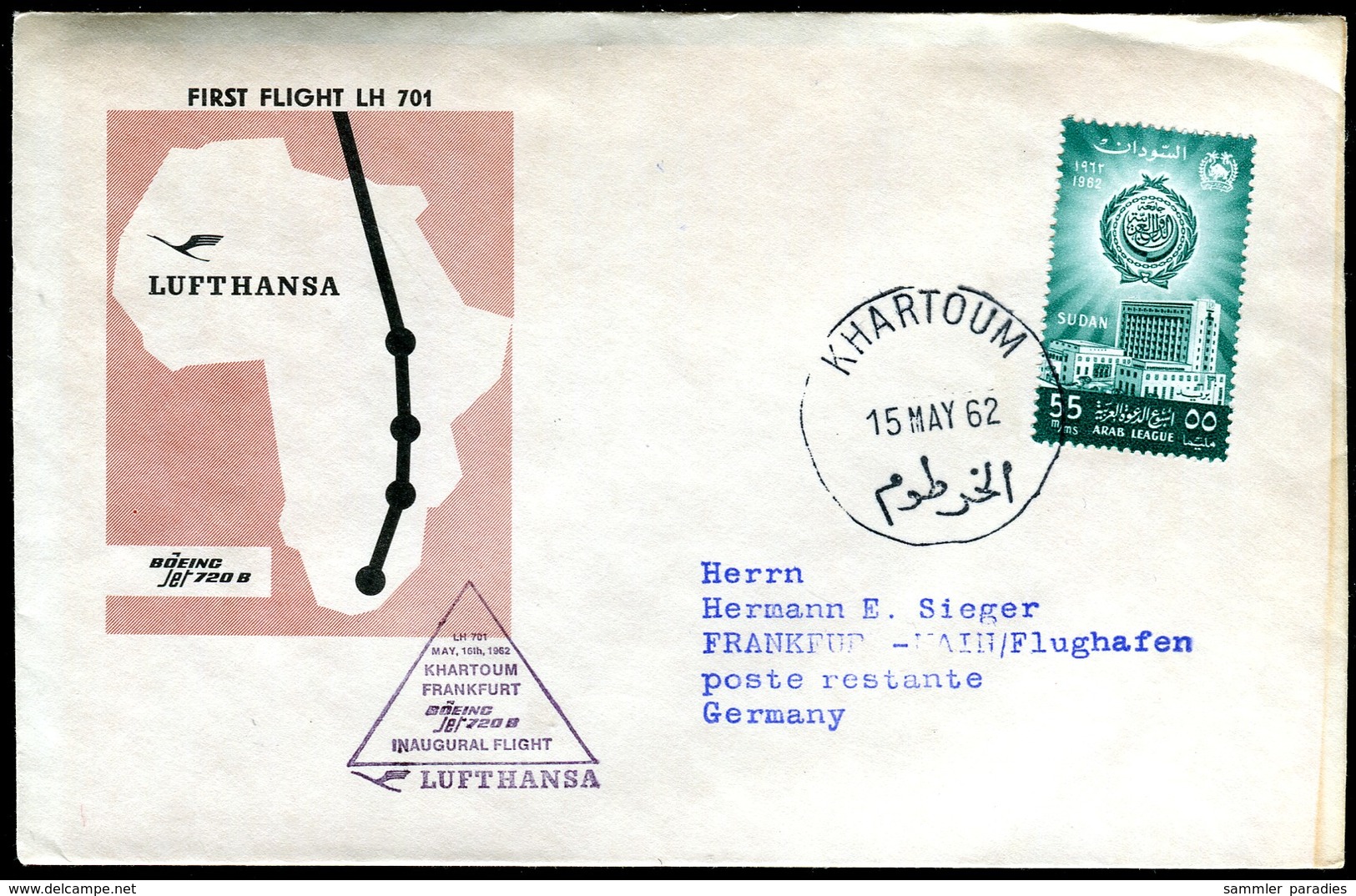 07301) Sudan - Mi 178 - Lufthansa Erstflug 16.05.1962 - LH 701 Mit Boeing 720B - Khartoum Nach Fankfurt A.M. - Sudan (1954-...)