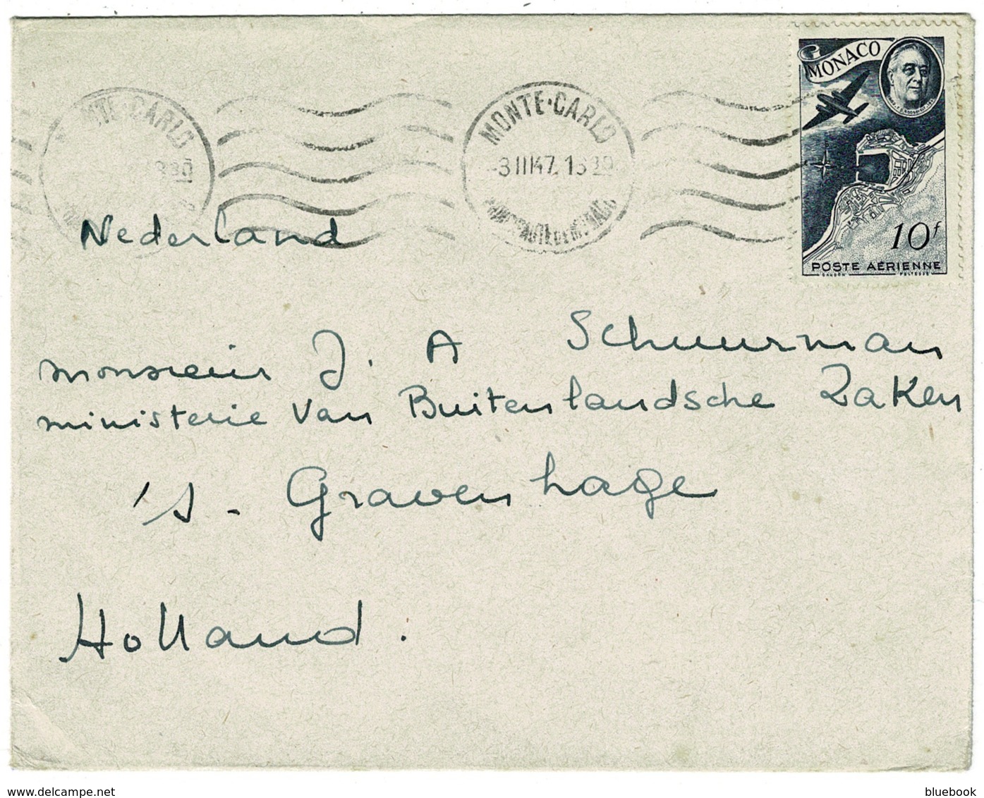 Ref 1254 - 1947 Single 10f Franking - Roosevelt Air Stamp - Monaco Monte-Carlo To Holland - Covers & Documents