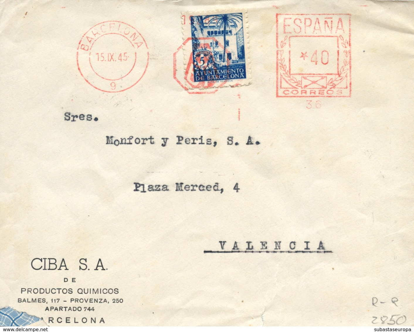 Ø 65 Más Franqueo Mecánico En Carta Circulada A Valencia, El Año 1945. - Barcelone