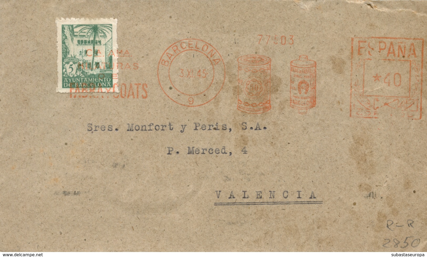 Ø 67 Más Franqueo Mecánico En Carta De Circulada A Valencia El 3/11/1945. - Barcelone