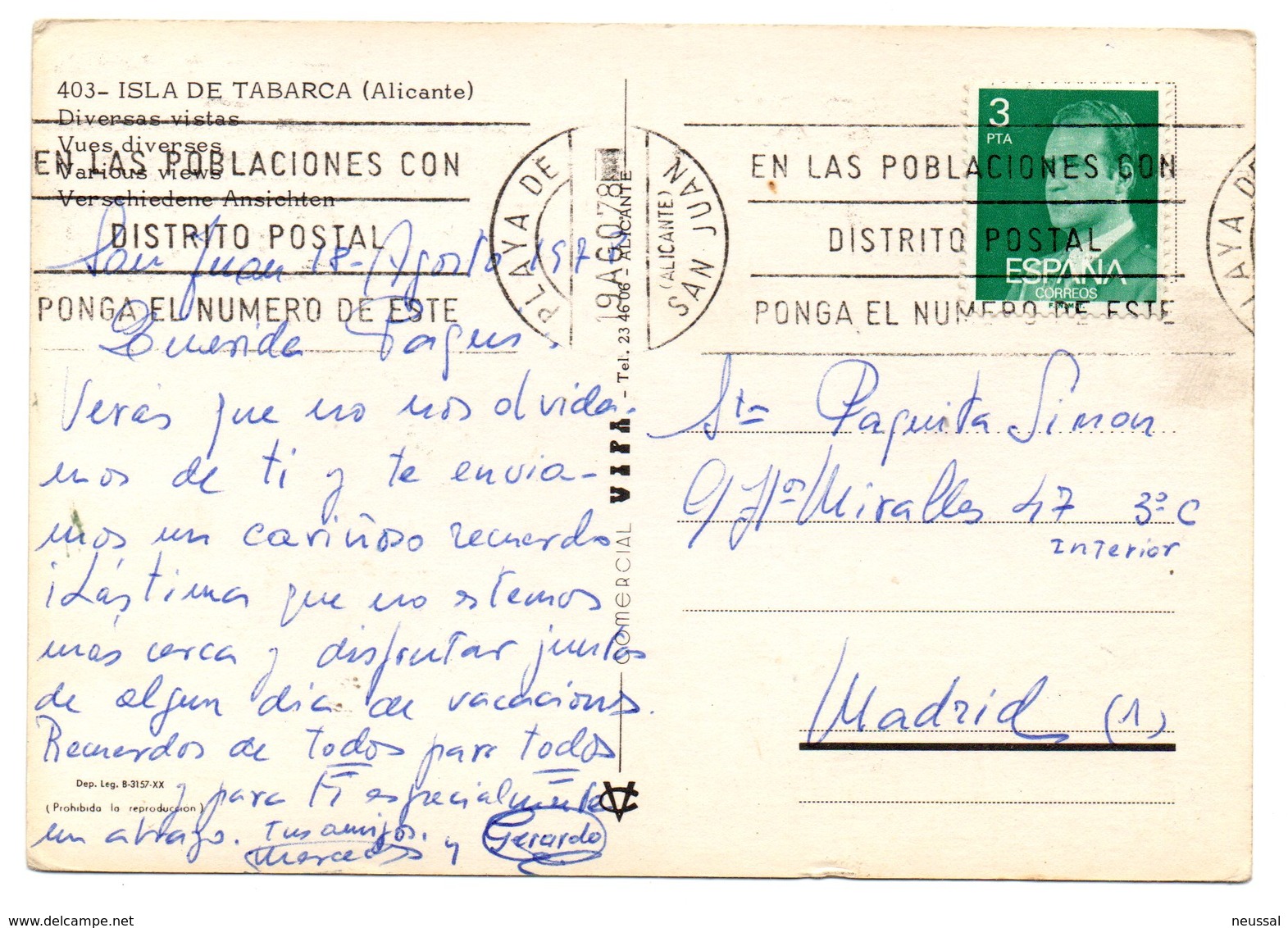 Tarjeta Postal  Con Matasellos Rodillo Playa De San Juan Alicante. - Cartas & Documentos