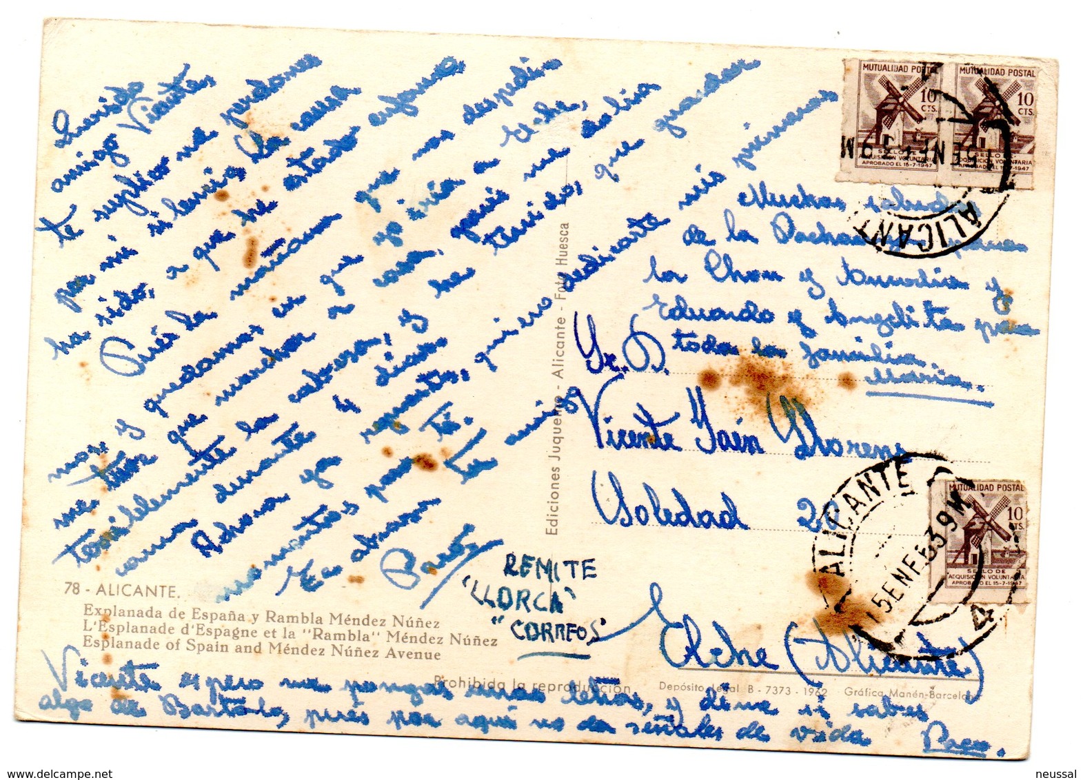 Tarjeta Postal  Con Matasellos Alicante Y Sellos De Mutualidad Postal. - Cartas & Documentos