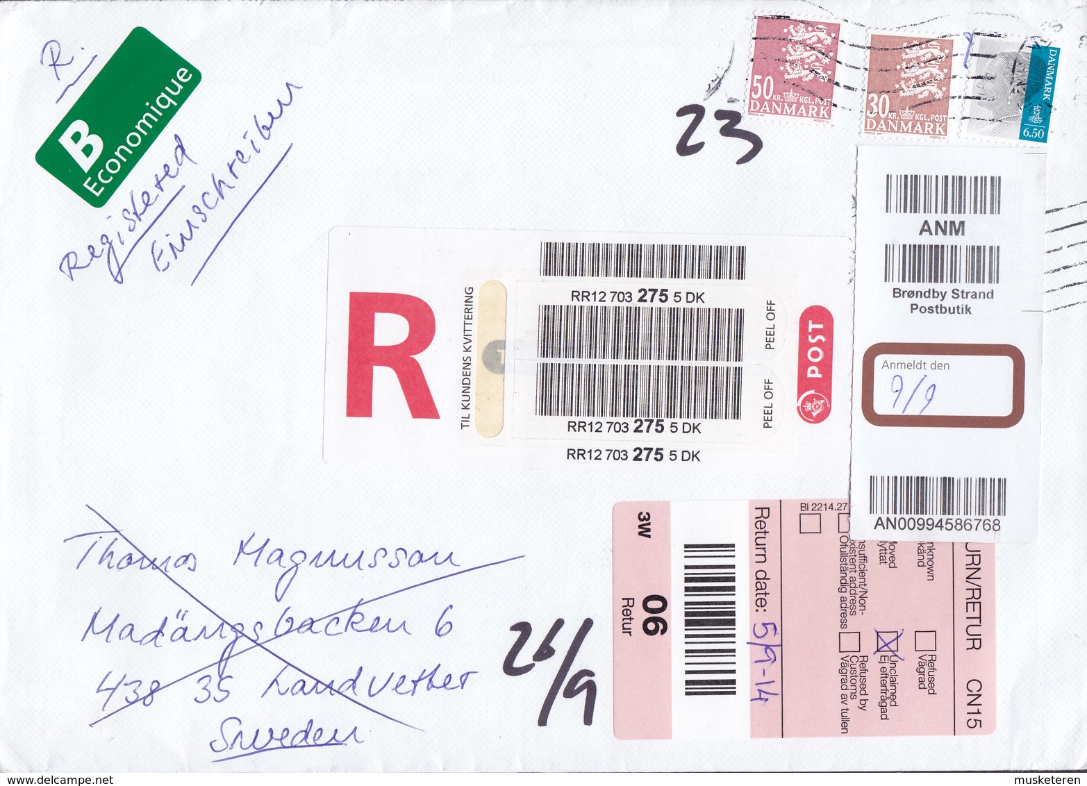 Denmark B-Economique & Registered Einschreiben Labels 2014 Cover Brief To Sweden UNCLAIMED & Retour Labels !! - Lettere