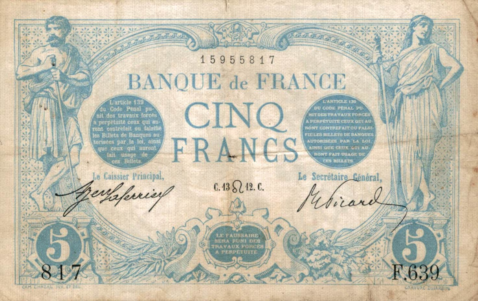 9837  -2018   BILLET FRANCAIS 5F BLEU 13-7-1912 - 5 F 1912-1917 ''Bleu''