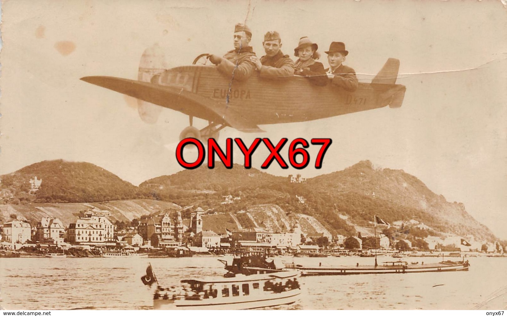 Carte Postale Photo Militaire Montage AVION Fictif "EUROPA" Königswinter Rhein Allemagne (Deutschland) BATEAU-PENICHE - Koenigswinter