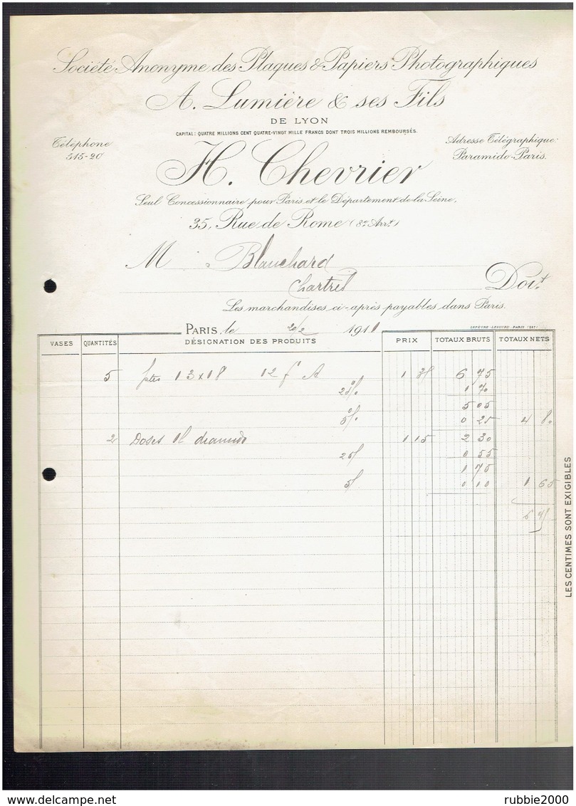 FACTURE 1911 PLAQUES ET PAPIERS PHOTOGRAPHIQUES LUMIERE A LYON CHEVRIER CONCESSIONNAIRE 35 RUE DE ROME A PARIS 8 - Matériel & Accessoires