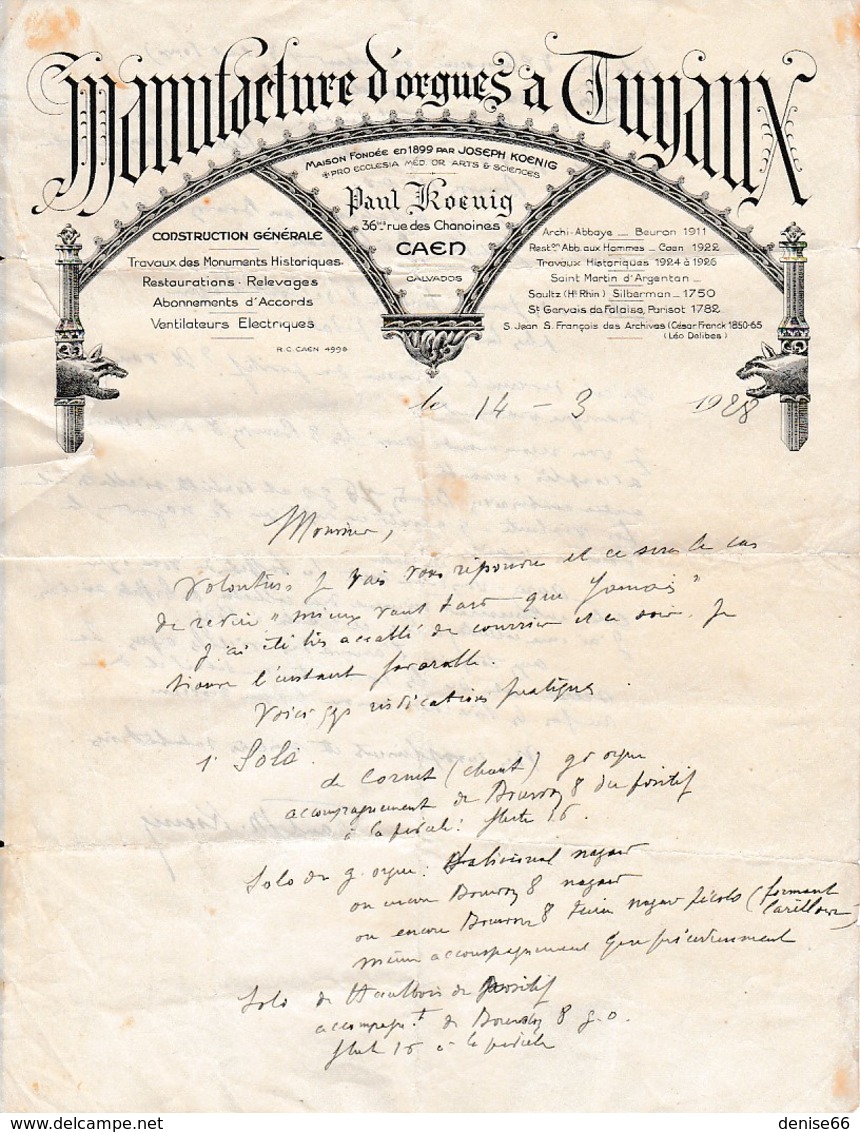 MANUFACTURE D'ORGUES à TUYAUX - 1928 - CAEN - Paul KOEUIG - - Documents Historiques