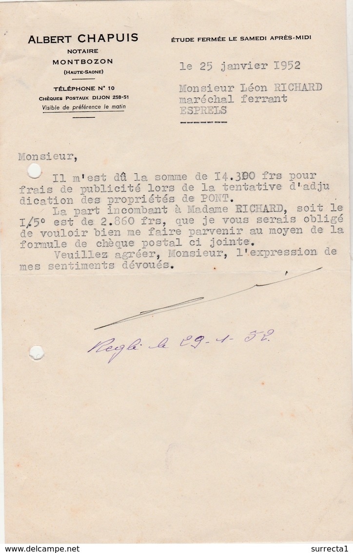 Petite Facture 1951 / Albert CHAPUIS / Notaire / Montbozon 70 - Autres & Non Classés