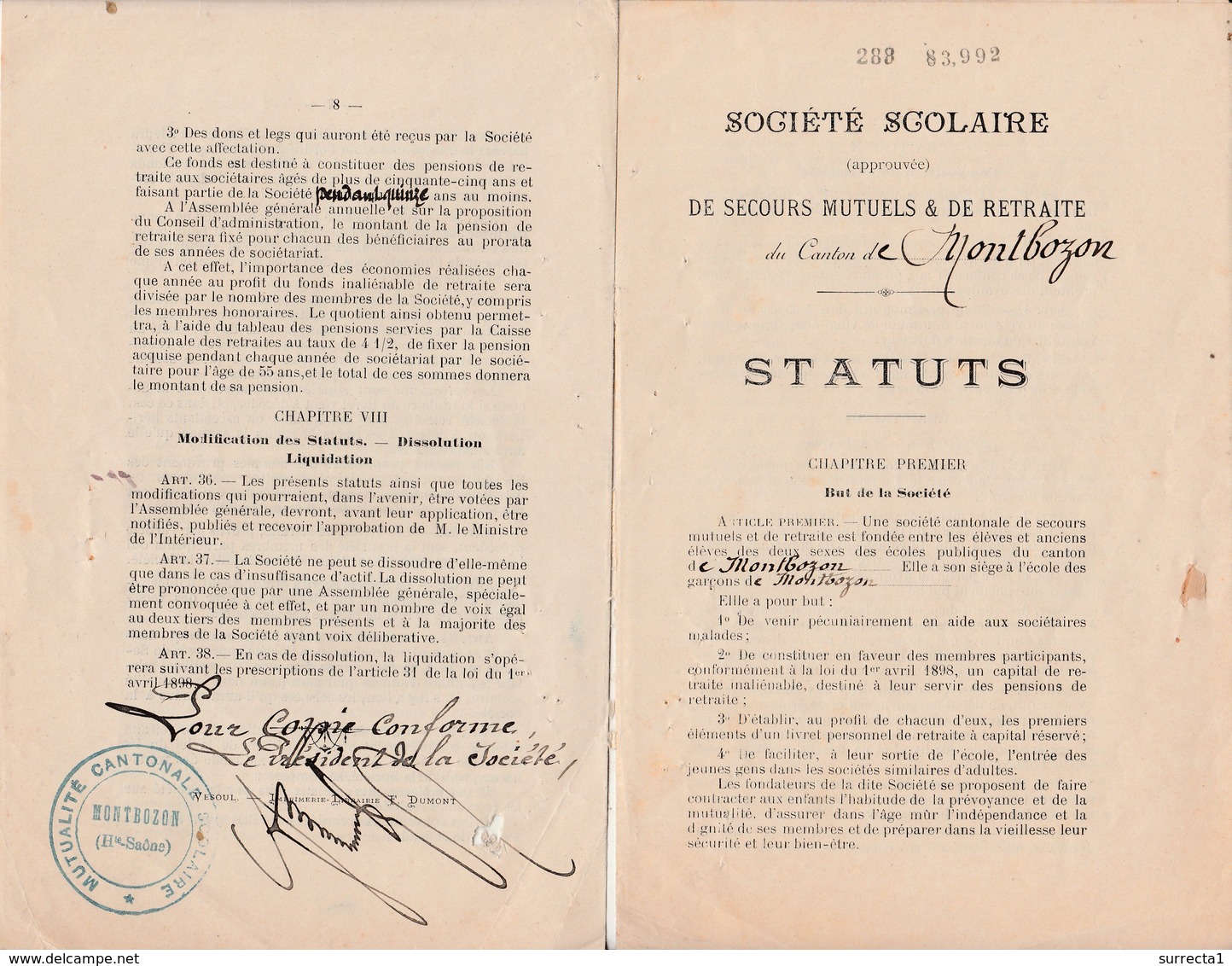 Fascicule 8 Pages Début 1900 / Sté Scolaire / Ecole De Garçons / Secours Mutuel / Montbozon 70 - 1900 – 1949