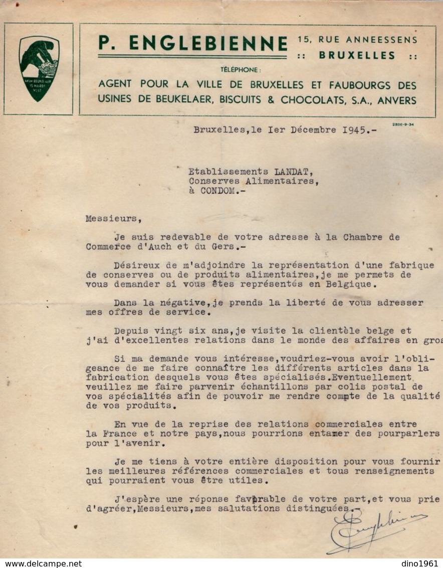 VP13.799 - Lettre - P. ENGLEBIENNE Agent à BRUXELLES / Usines De BEUKELAER Biscuits & Chocolats S.A. ANVERS - Lebensmittel