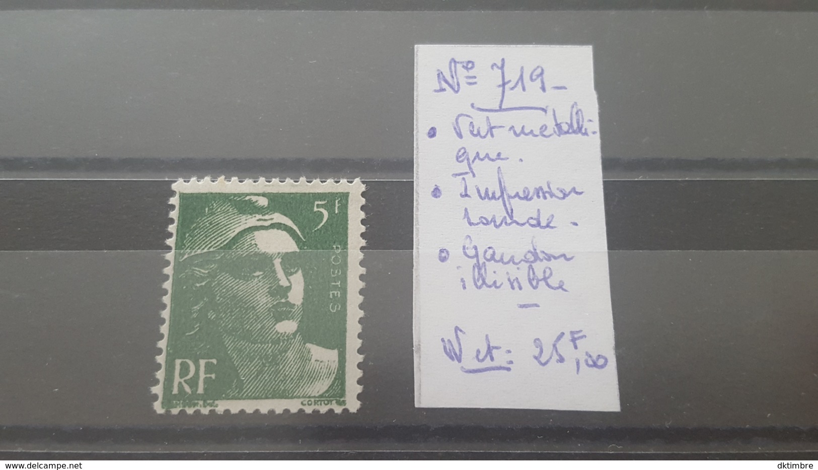 LOT 433492 TIMBRE DE FRANCE NEUF** VARIETE PAPIER METALLIQUE GANDON ILLISIBLE - Non Classés