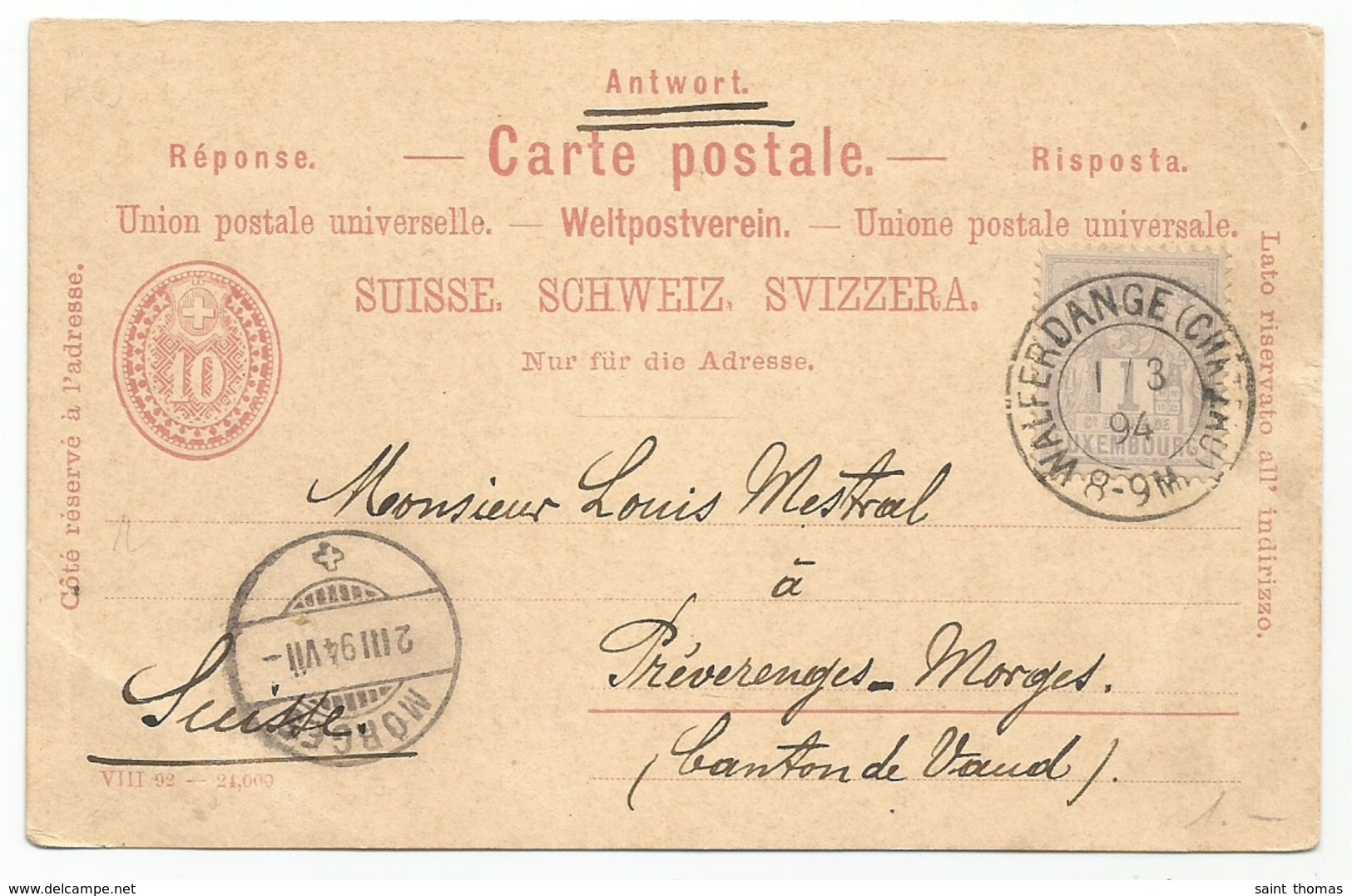 Luxembourg Luxemburg Schweiz Switzerland Mi.45 On Postal Stationery (Reply Card) 1894 Morges To Walferdange - Stamped Stationery