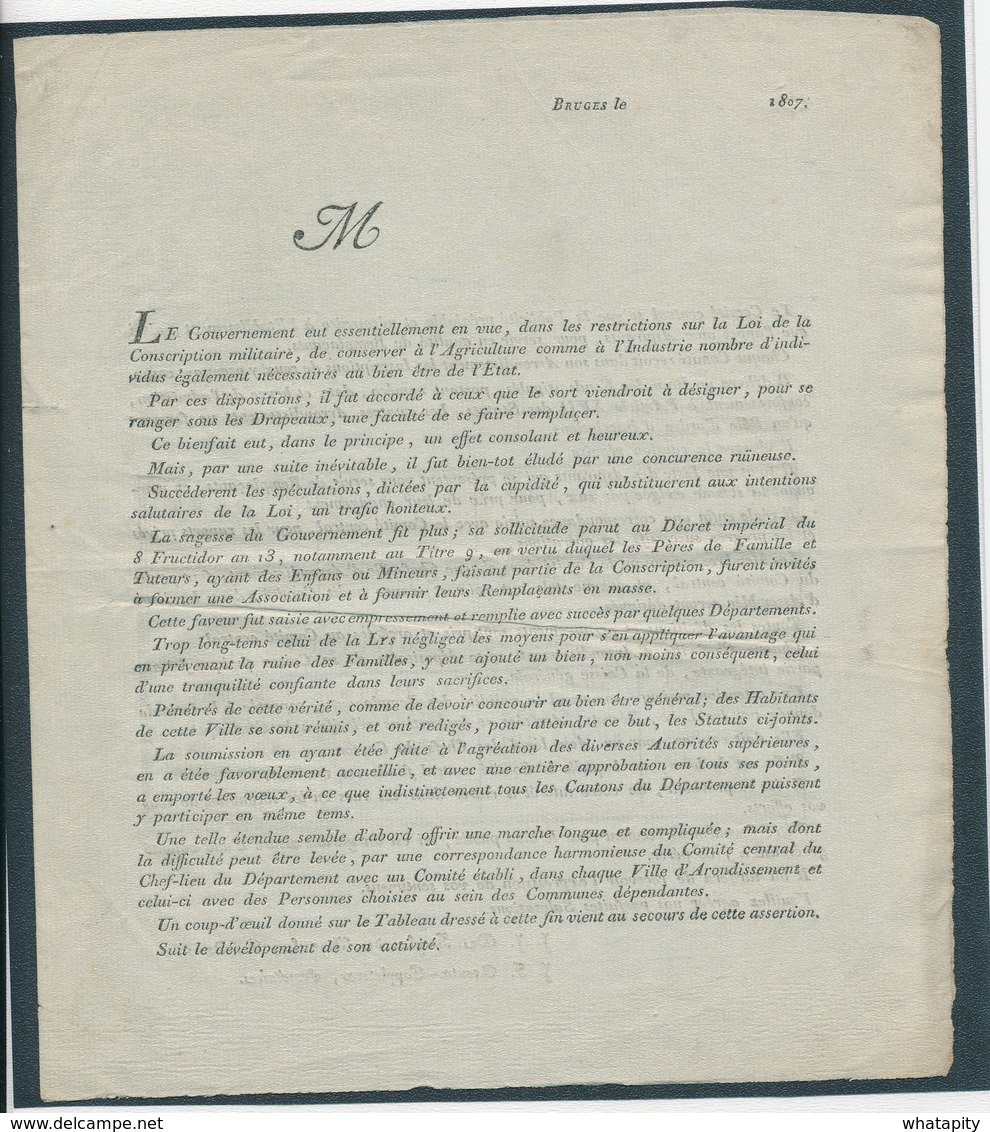 226/28 - Document BRUGES 1807 - 3 Pages Sur Les Comités De Remplacements De La Conscription Militaire - 1794-1814 (Periodo Frances)