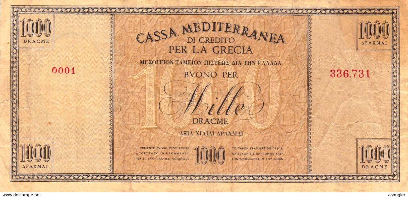 GREECE Cassa Mediterranea 1000 DRACHMAS 1941 VF P-M6 "free Shipping Via Registered Air Mail" - Grèce