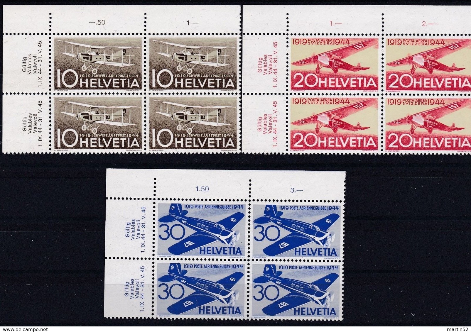 Schweiz Suisse 1944: "25 Jahre Luftpost - 25 Ans Poste Aérienne" Zu F37-39 Mi 435-437 Yv PA36-38 ** MNH (Zu CHF 10.00) - Neufs