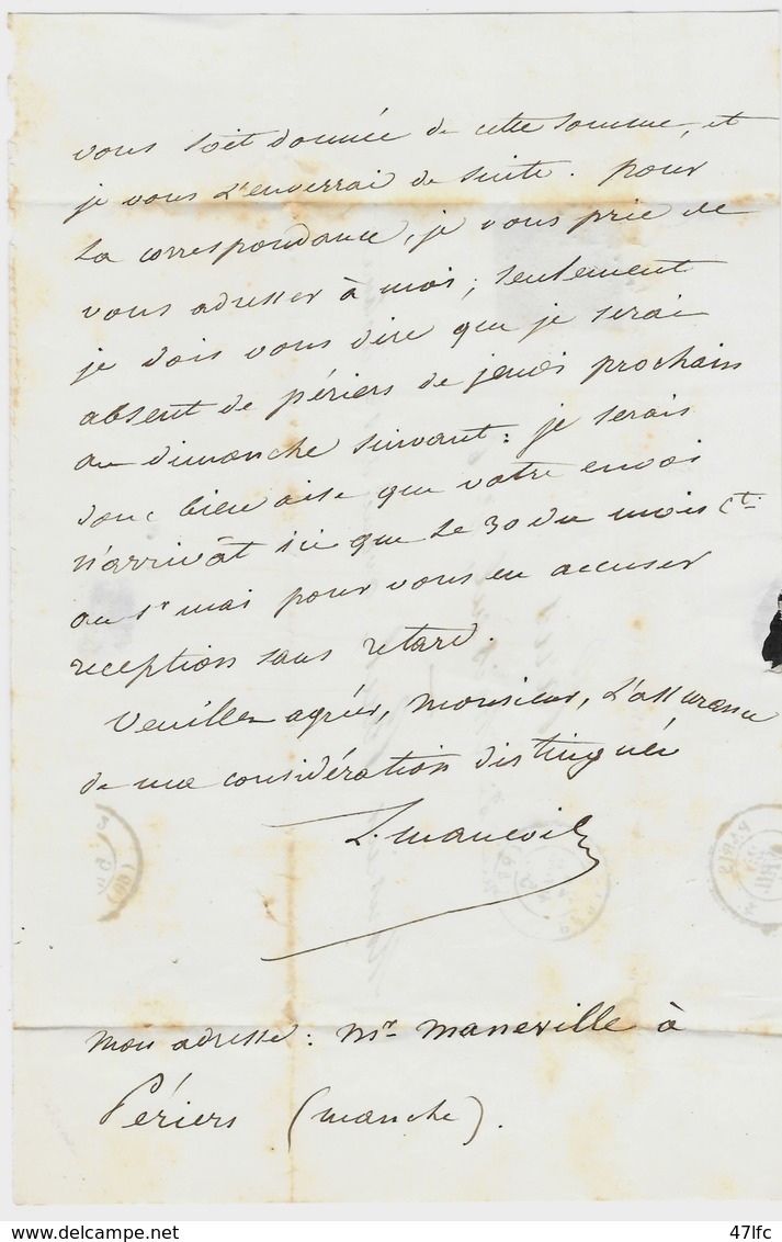 Pli Cacheté De PERIERS (Manche) à PARIS (Seine) - Timbre N° 10 à 25 C. Bleu Losange Petits Chiffres 2401 - 1854 - Manuscrits