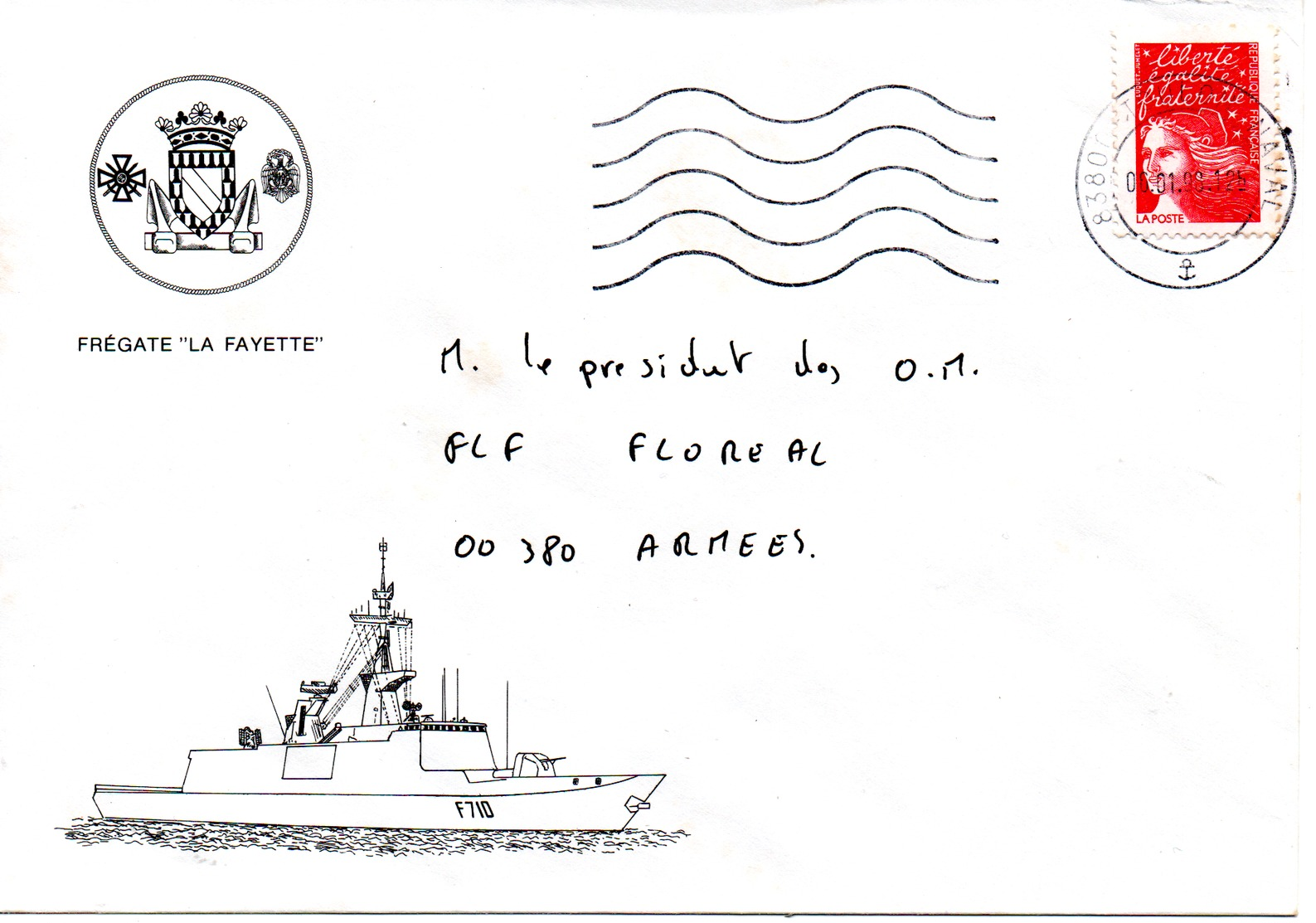 FLF LA FAYETTE  Enveloppe Illustrée Du Bord Obl. Toulon Naval 06/01/98 - Naval Post